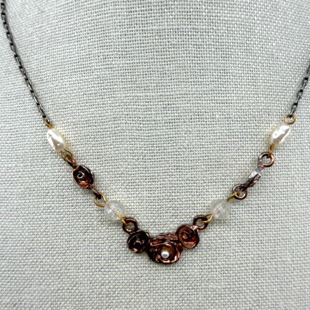 Y2K Romantic Copper Tone Necklace Faux Pearl & Crystal Accents Statement Boho